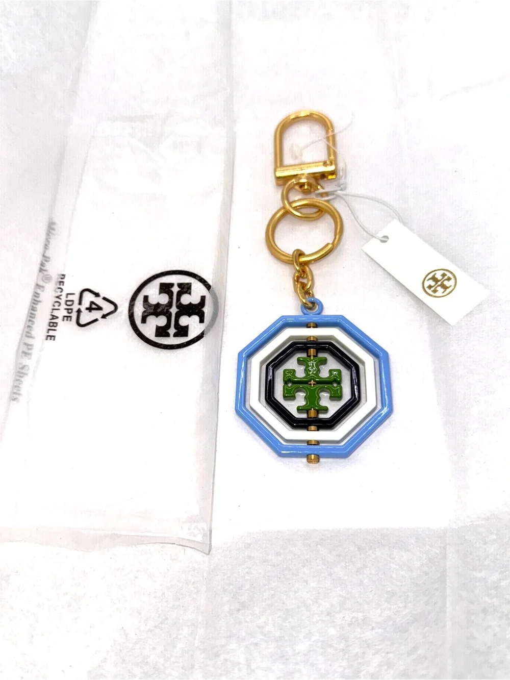 NEW Tory Burch Rotating Geo Key Fob Light Chambray NWT Discontinued Key Chain